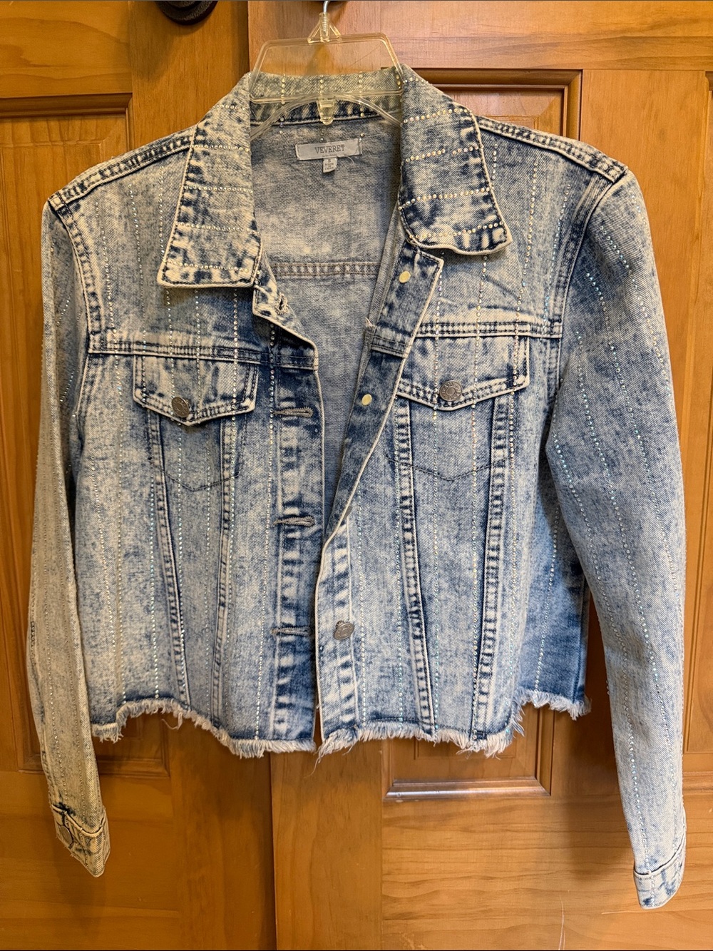 Embellished Light Wash Denim Jacket - Blue